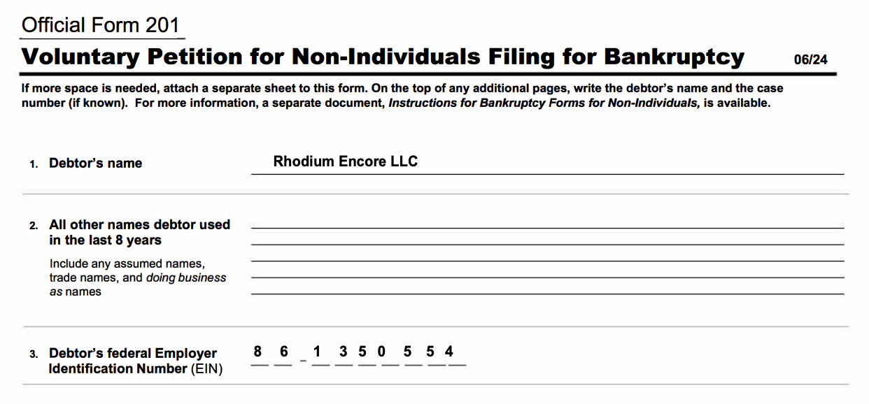 Rhodium bankruptcy